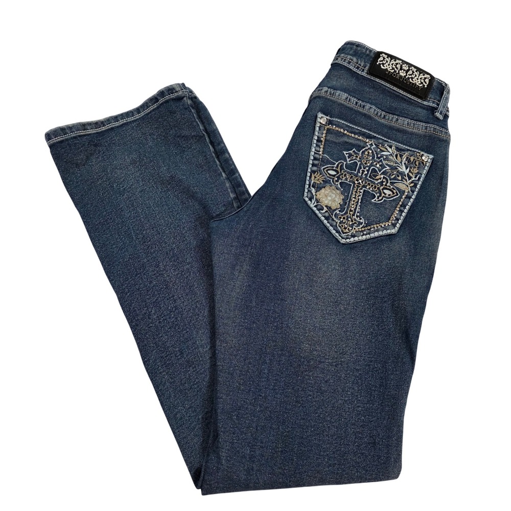 J For Justify Women Dark Wash Bootcut Jeans Embroidered Cross Rhinestone Size 7